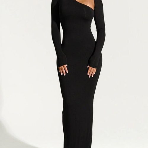 Asymmetrical neckline bodycon long dress