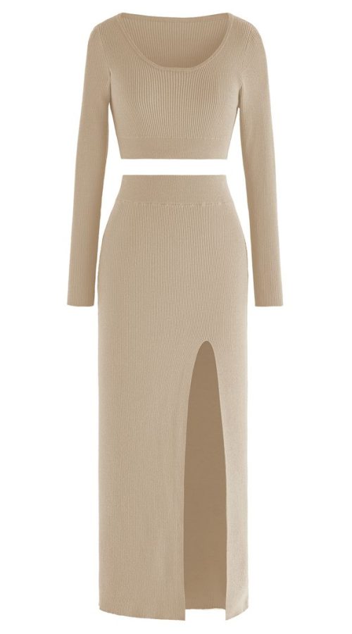 Knitted Crop Top and High Slit Maxi Skirt Set in Light Tan