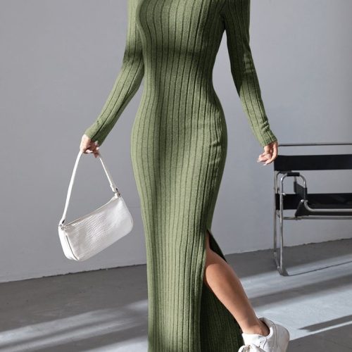 Solid Ribbed Knit Split Thigh Dress